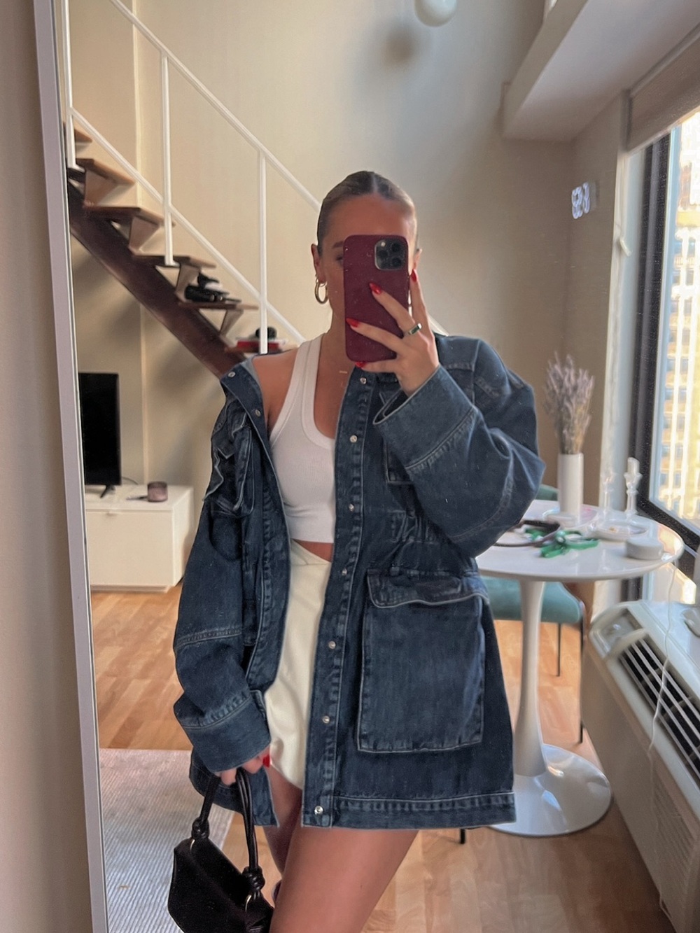 Topshop funnel neck Denim Oversized Jacket - Dark Blue